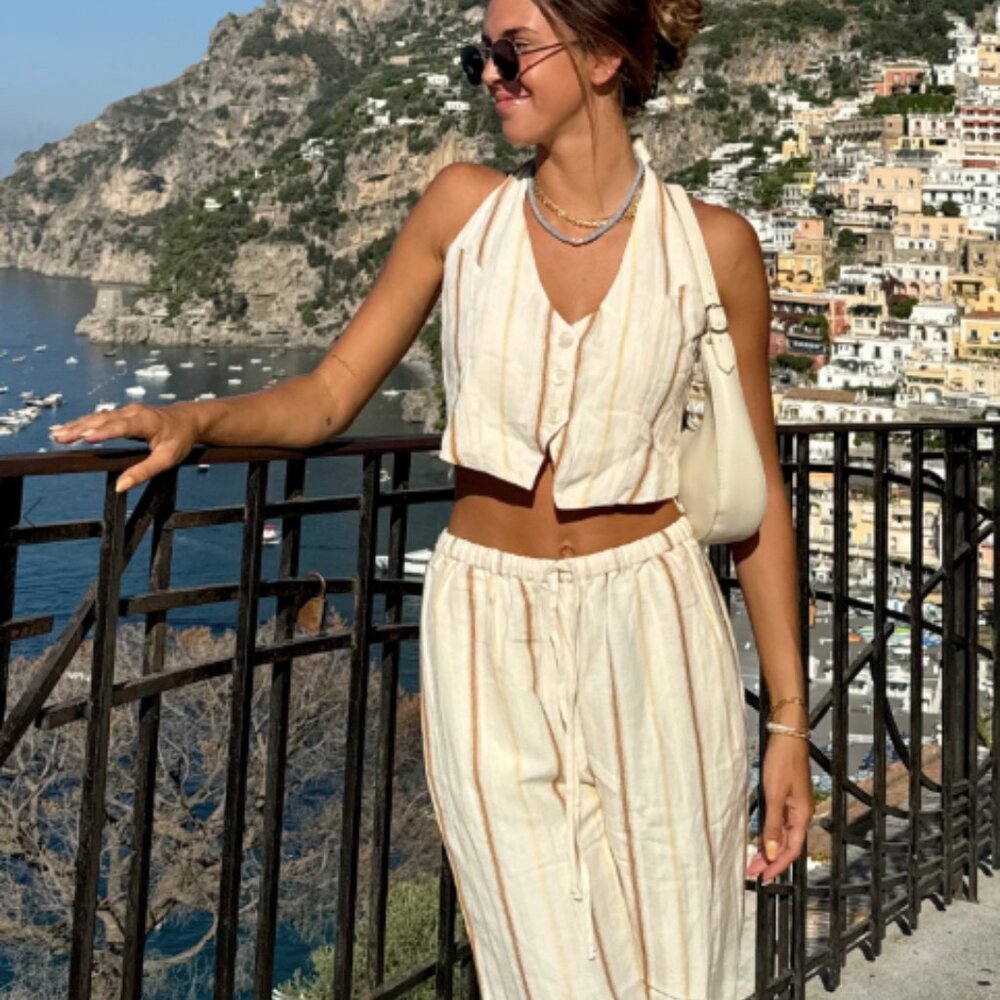 l*space Cream and Light Tan Striped Two-Piece Pants Set